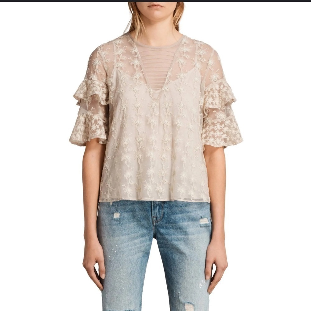 All Saints Top Women 8 Blouse Ruffled Floral Embroidered Beige Sheer Shirt B19